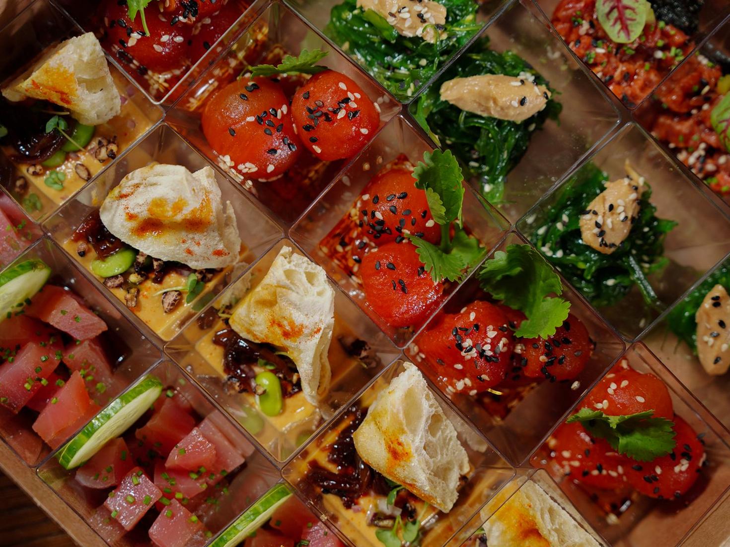 Gourmet vegan appetizers in catering boxes